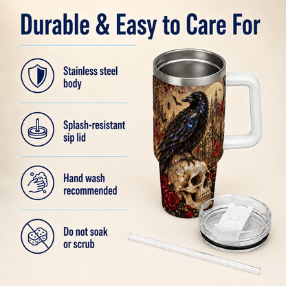 Crystal Raven 40oz Tumbler with Handle, Gothic Skull Travel Cup
