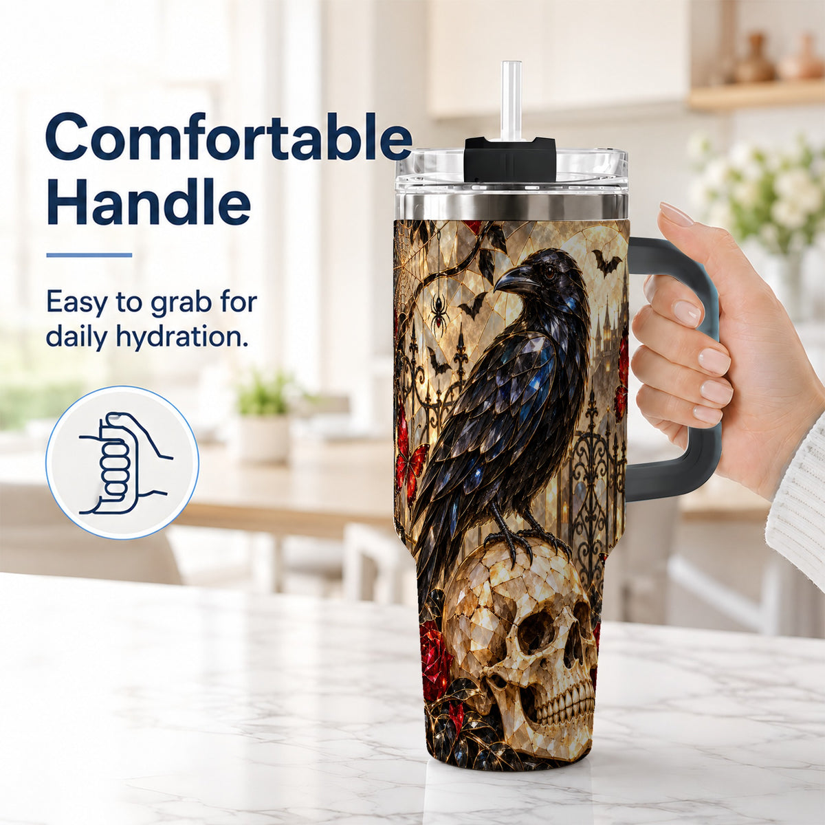 #pl[40oz|Black] Stained Glass Raven 40oz Tumbler with Handle, Gothic Skull Travel Cup