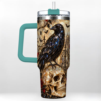 #pl[40oz|Green] Stained Glass Raven 40oz Tumbler with Handle, Gothic Skull Travel Cup