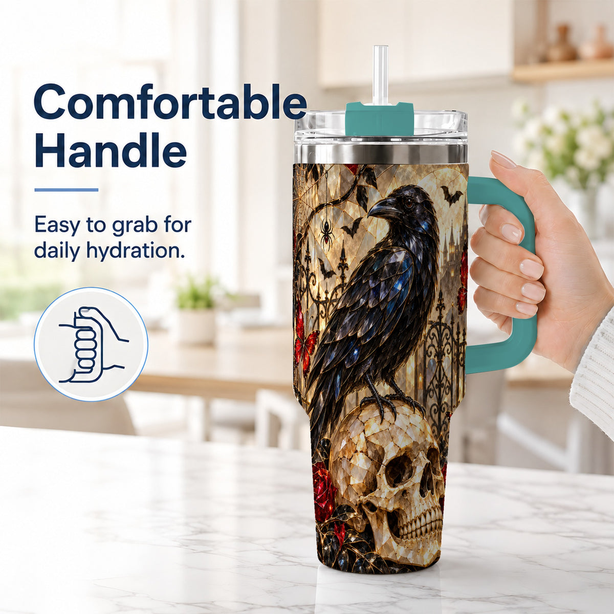 #pl[40oz|Green] Stained Glass Raven 40oz Tumbler with Handle, Gothic Skull Travel Cup