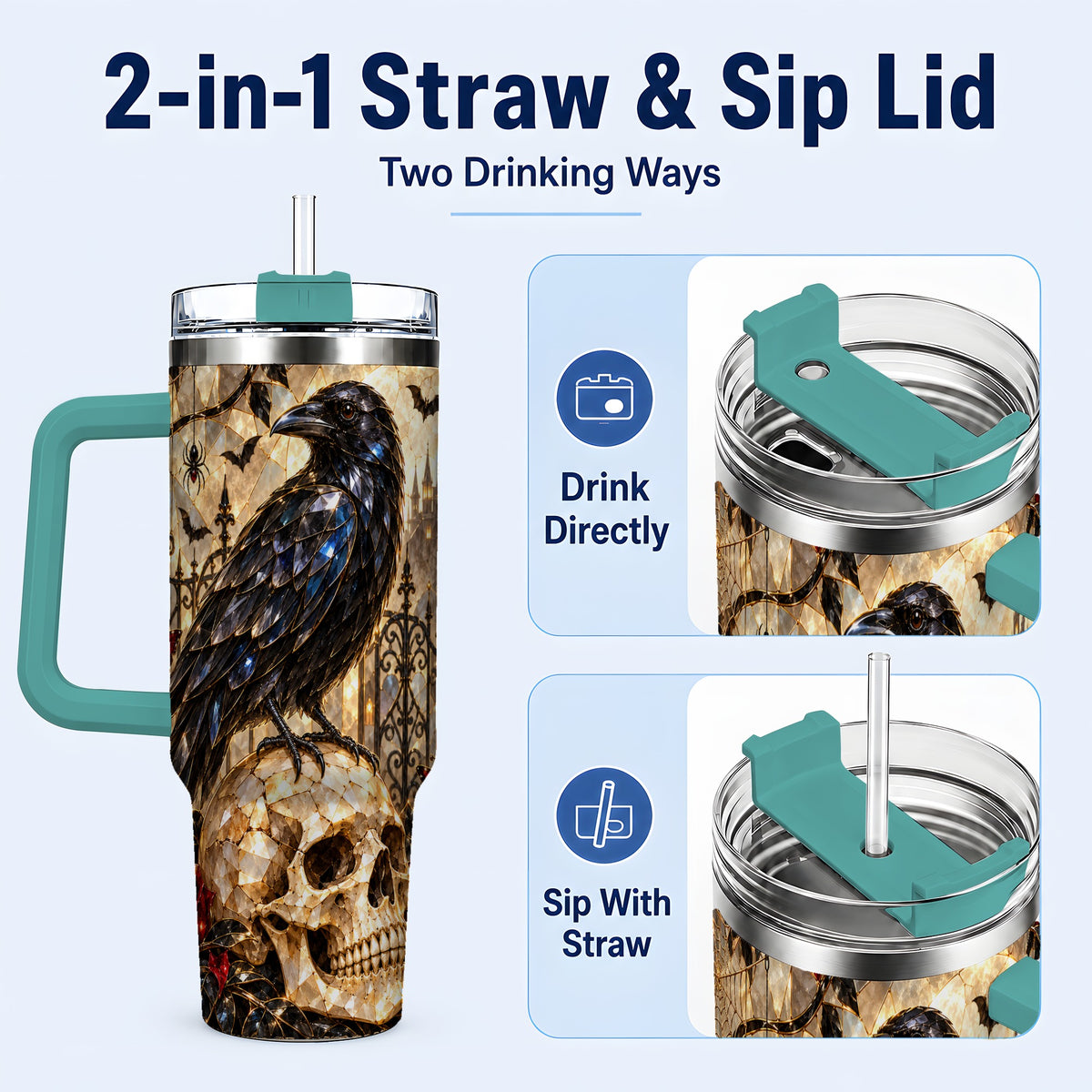 #pl[40oz|Green] Stained Glass Raven 40oz Tumbler with Handle, Gothic Skull Travel Cup