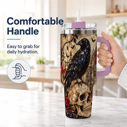 #pl[40oz|Pink] Stained Glass Raven 40oz Tumbler with Handle, Gothic Skull Travel Cup