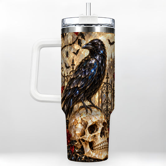 Stained Glass Raven 40oz Tumbler with Handle, Gothic Skull Travel Cup