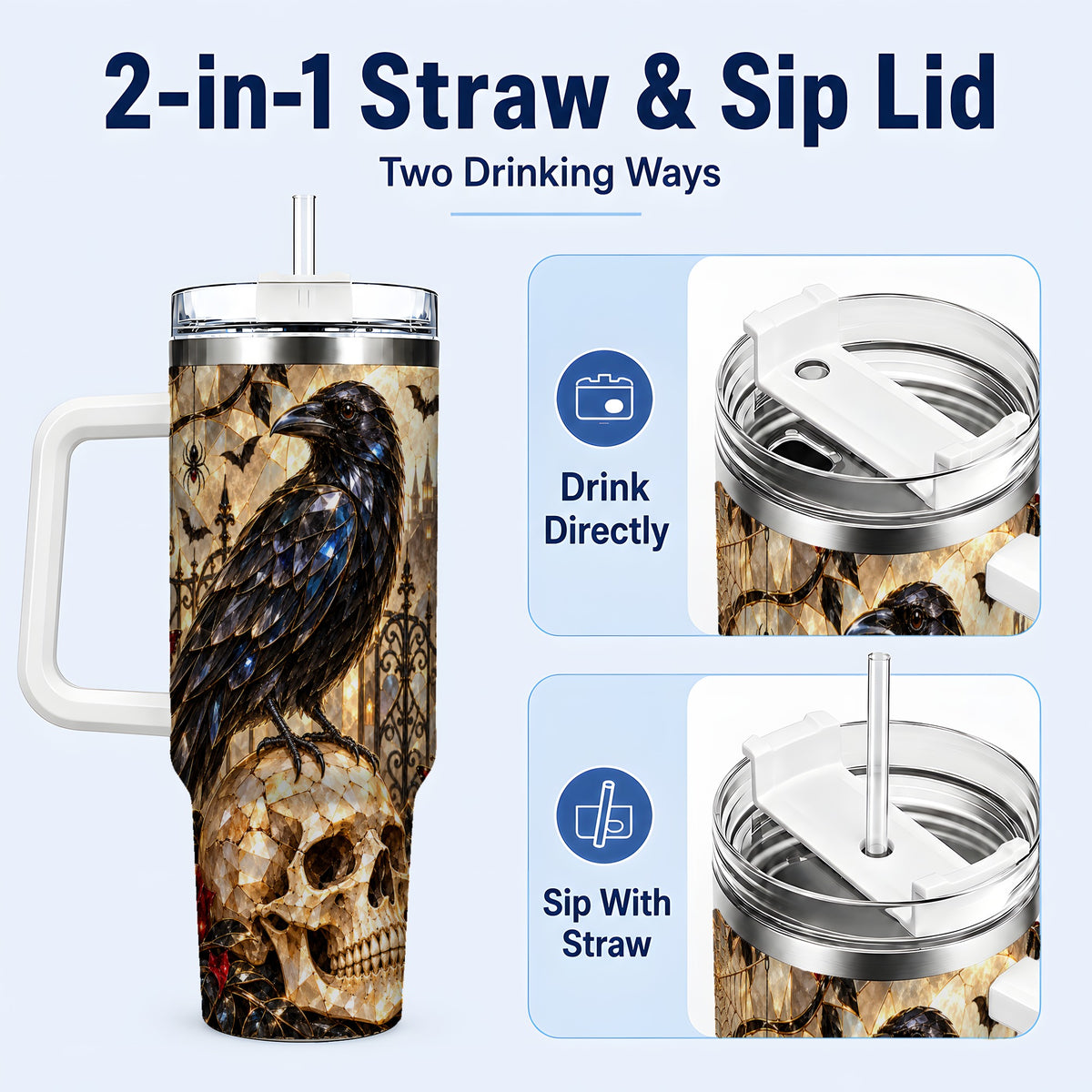 #pl[40oz|White] Stained Glass Raven 40oz Tumbler with Handle, Gothic Skull Travel Cup