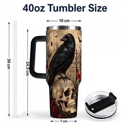 #pl[40oz|Black] Vintage Raven 40oz Tumbler with Handle, Gothic Skull Travel Cup
