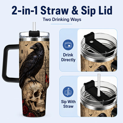 #pl[40oz|Black] Vintage Raven 40oz Tumbler with Handle, Gothic Skull Travel Cup