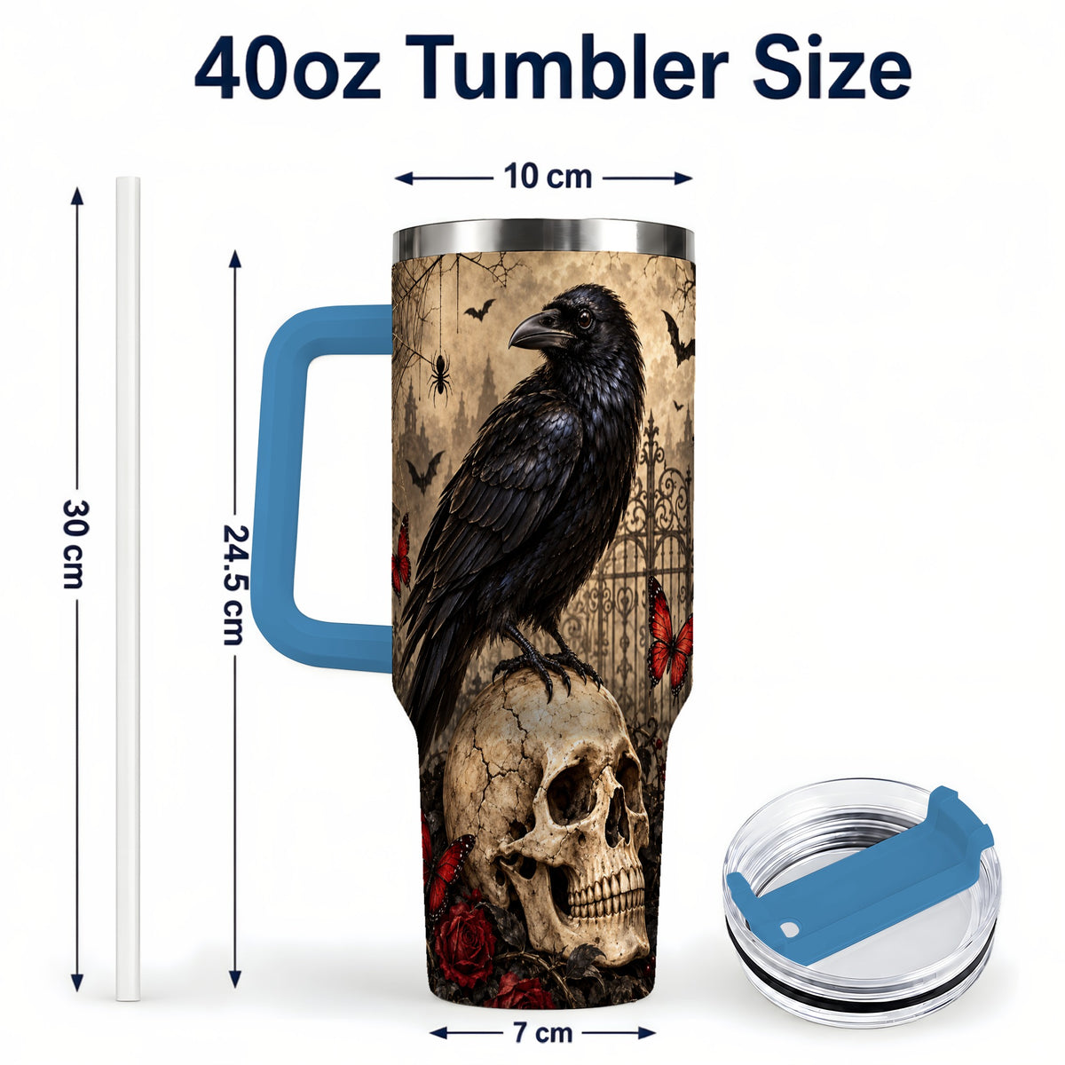 #pl[40oz|Blue] Vintage Raven 40oz Tumbler with Handle, Gothic Skull Travel Cup