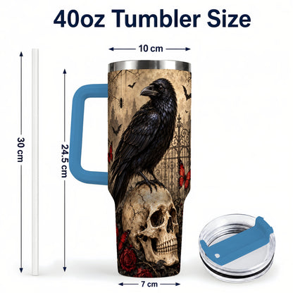 #pl[40oz|Blue] Vintage Raven 40oz Tumbler with Handle, Gothic Skull Travel Cup