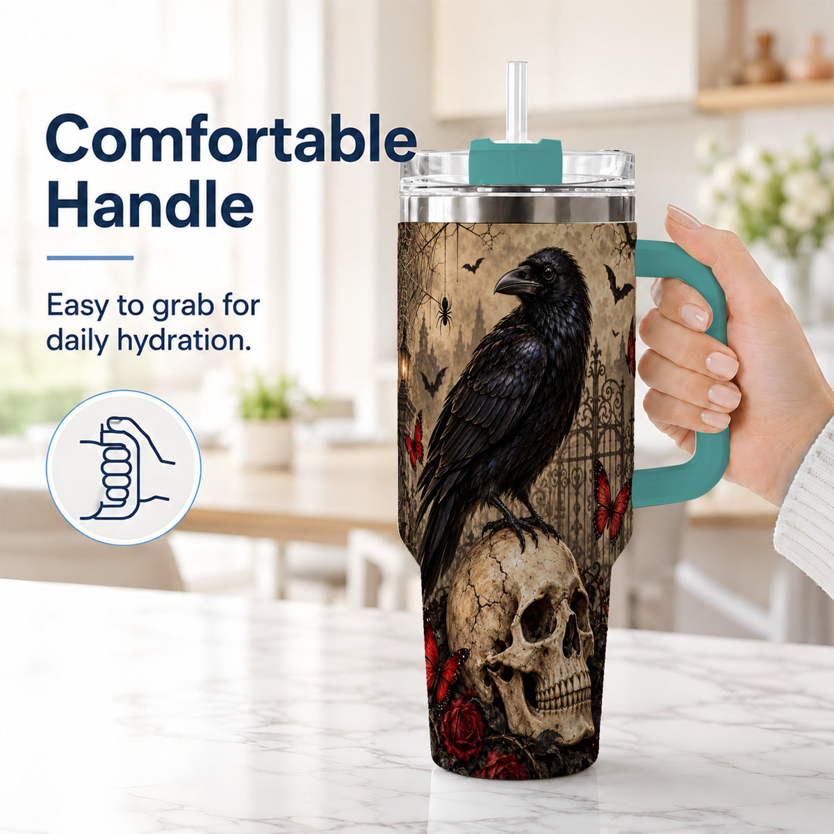 #pl[40oz|Green] Vintage Raven 40oz Tumbler with Handle, Gothic Skull Travel Cup