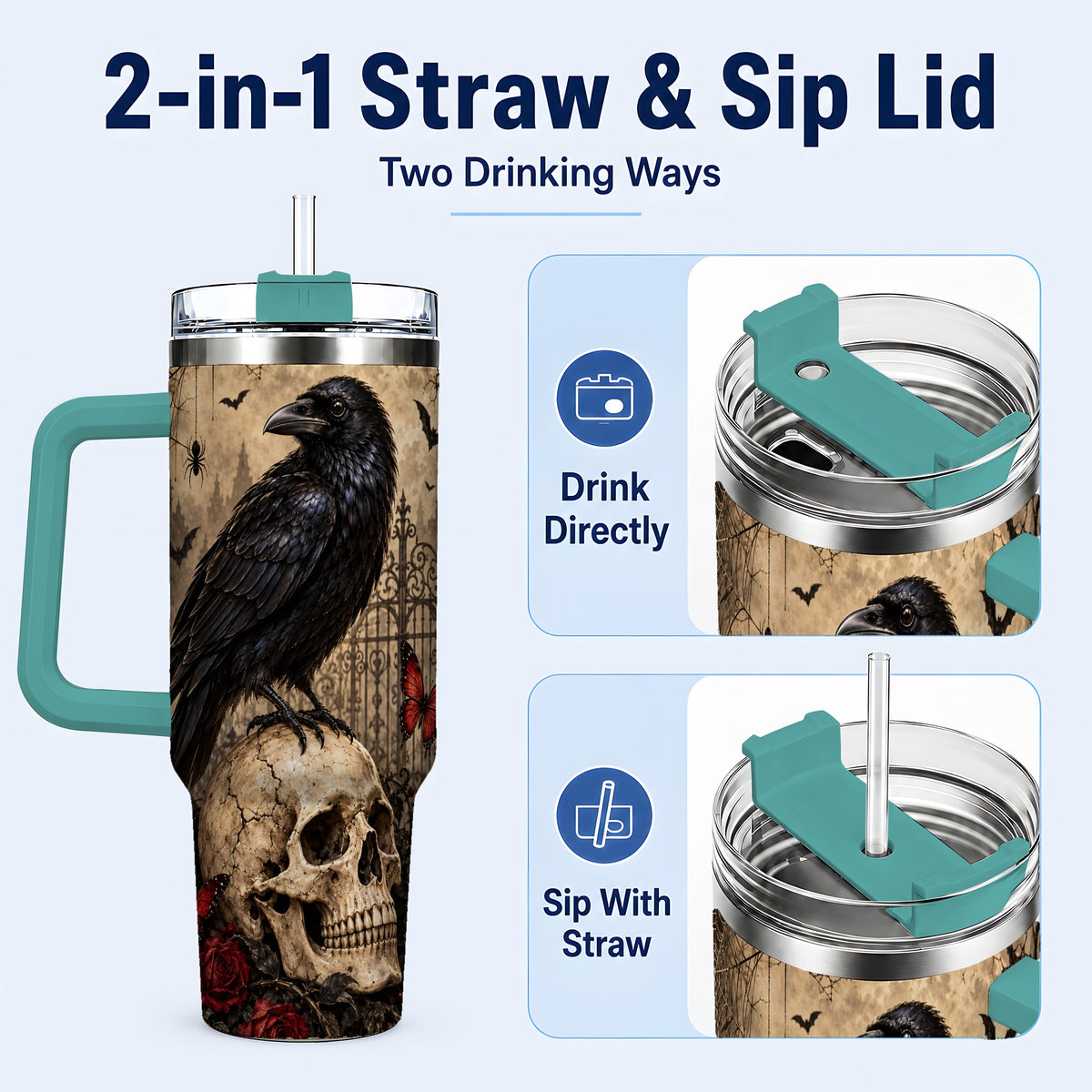 #pl[40oz|Green] Vintage Raven 40oz Tumbler with Handle, Gothic Skull Travel Cup