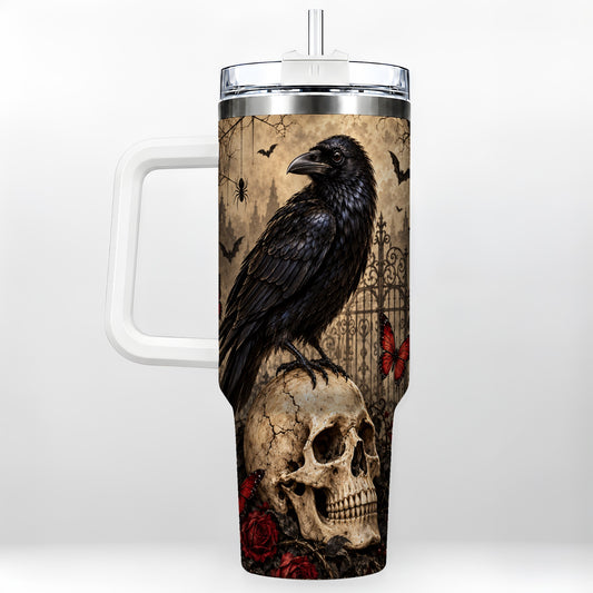 Vintage Raven 40oz Tumbler with Handle, Gothic Skull Travel Cup