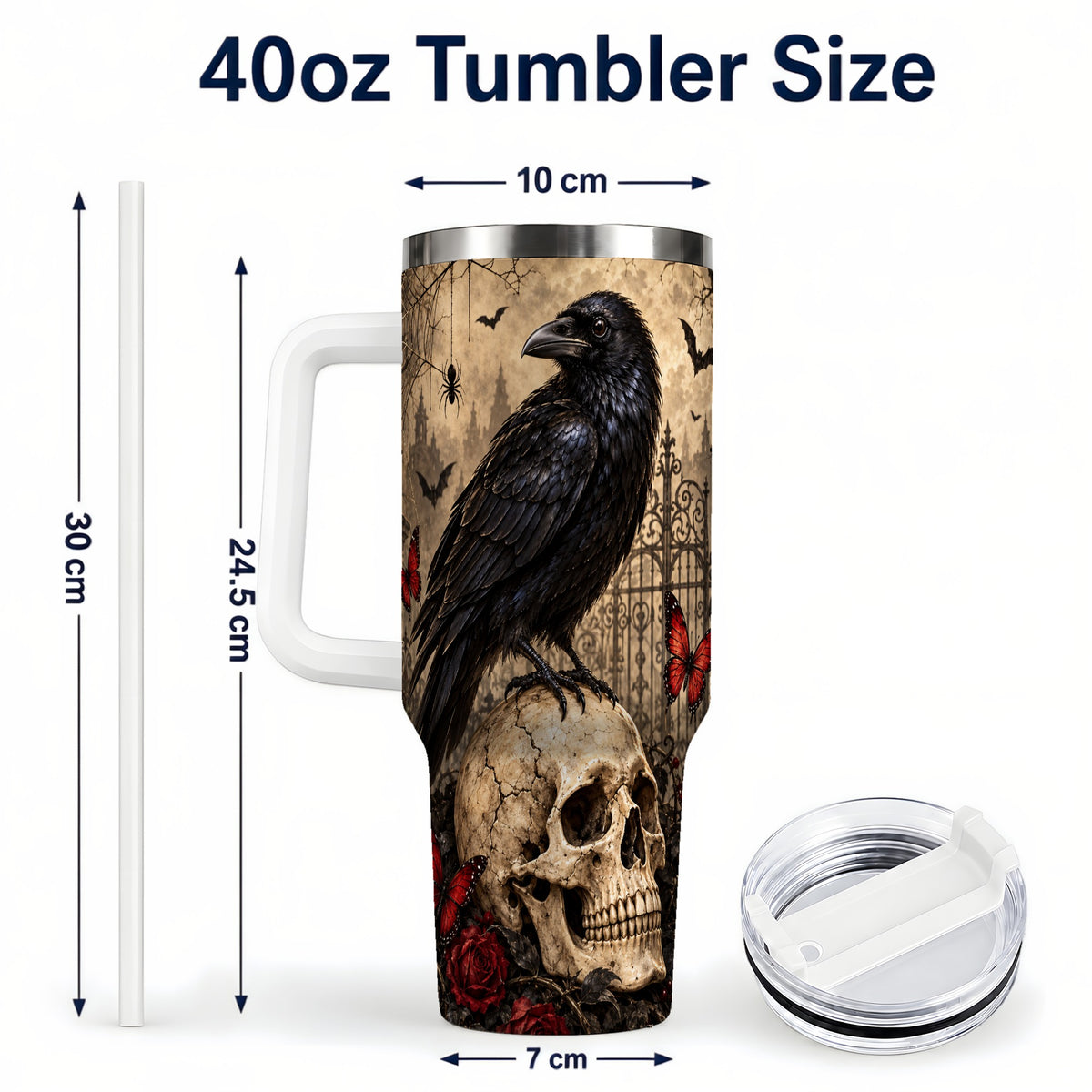 #pl[40oz|White] Vintage Raven 40oz Tumbler with Handle, Gothic Skull Travel Cup