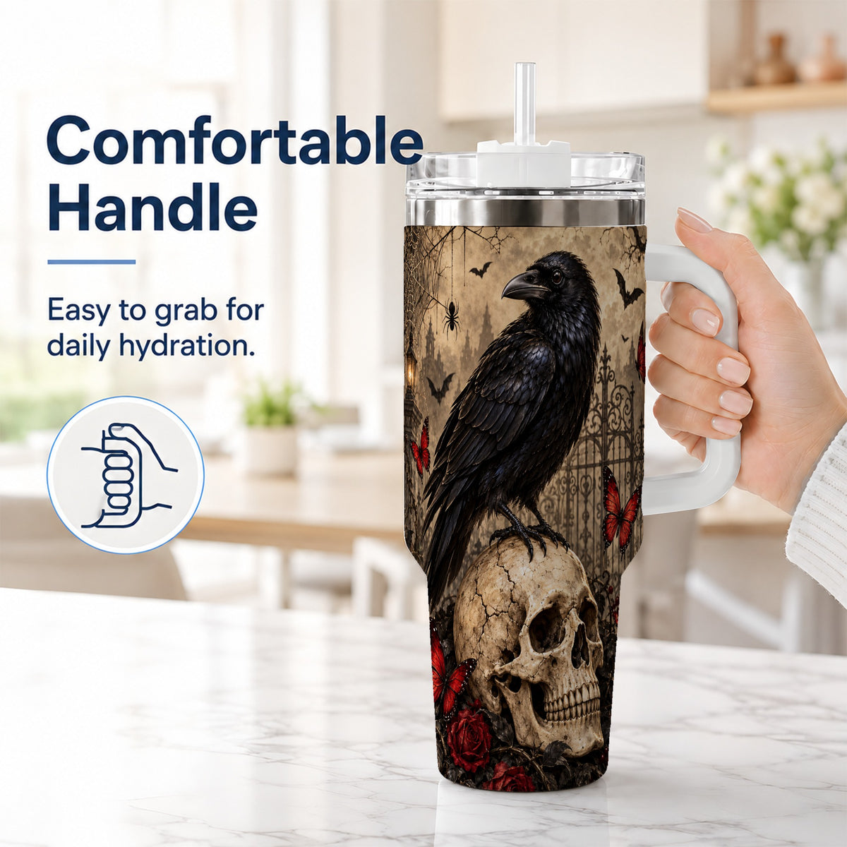 #pl[40oz|White] Vintage Raven 40oz Tumbler with Handle, Gothic Skull Travel Cup