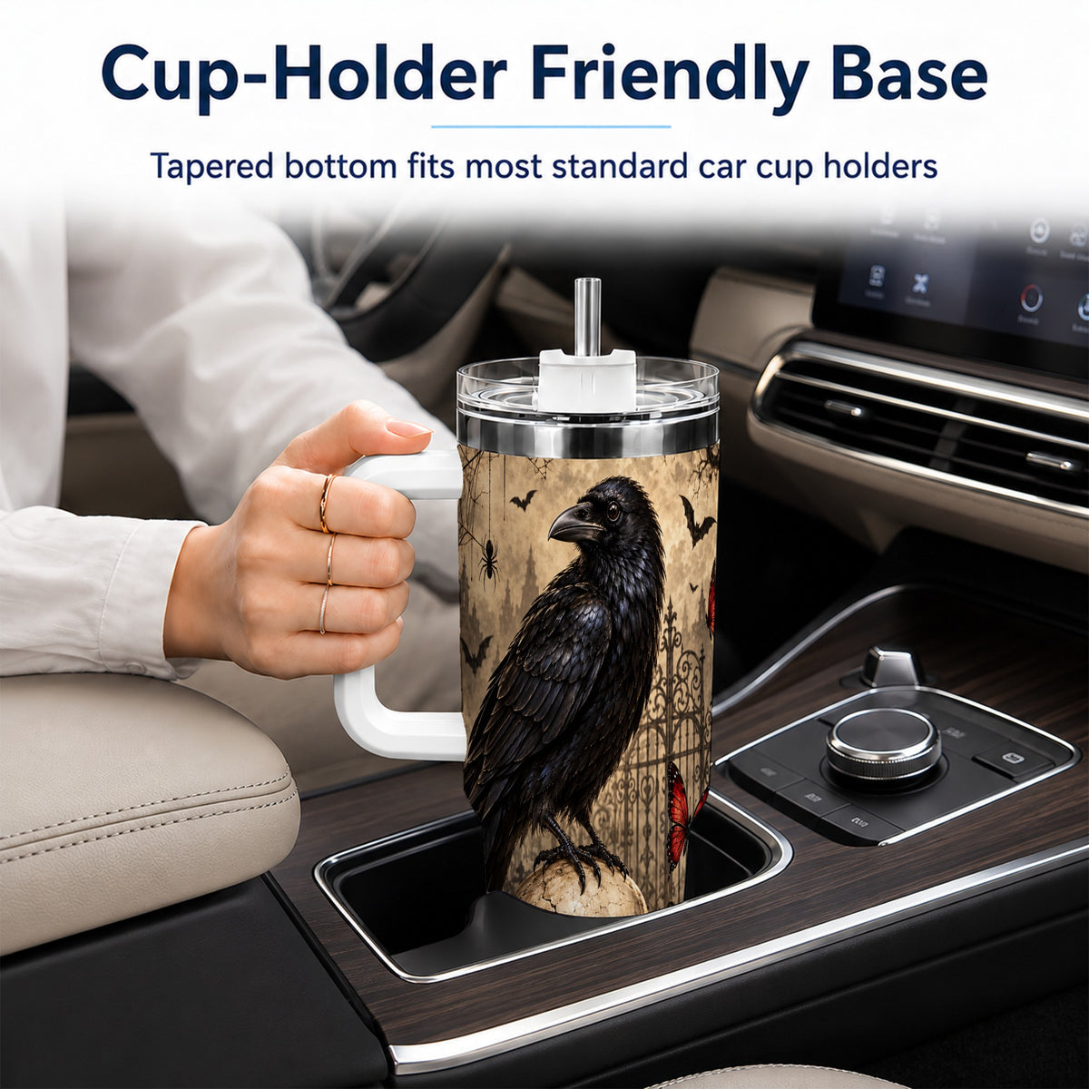 Vintage Raven 40oz Tumbler with Handle, Gothic Skull Travel Cup