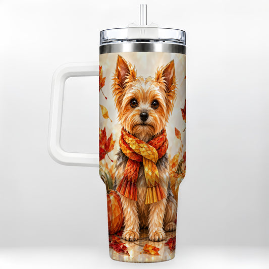 Yorkie Fall 40oz Tumbler with Handle, Yorkshire Terrier Travel Cup