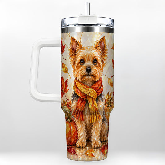 Yorkie Fall 40oz Tumbler with Handle, Autumn Dog Stainless Steel Cup