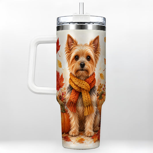 Yorkie Autumn 40oz Tumbler with Handle, Fall Puppy Stainless Steel Cup