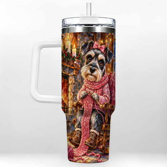 Schnauzer Knitting 40oz Tumbler with Handle, Cozy Winter Dog Cup