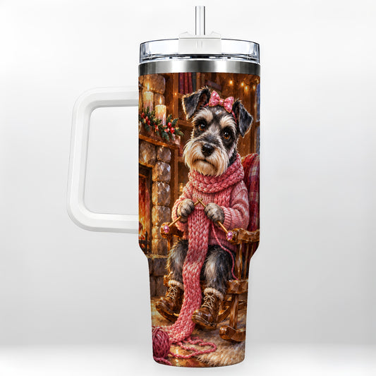 Schnauzer Winter 40oz Tumbler with Handle, Knitting Puppy Travel Cup