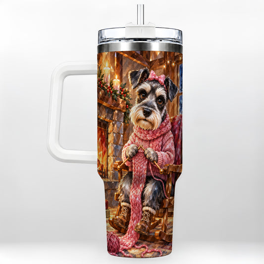 Schnauzer Pink Bow 40oz Tumbler with Handle, Cozy Winter Puppy Cup