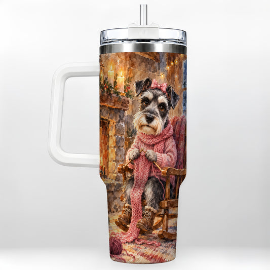 Schnauzer 40oz Tumbler with Handle, Cozy Knitting Dog Winter Artwork