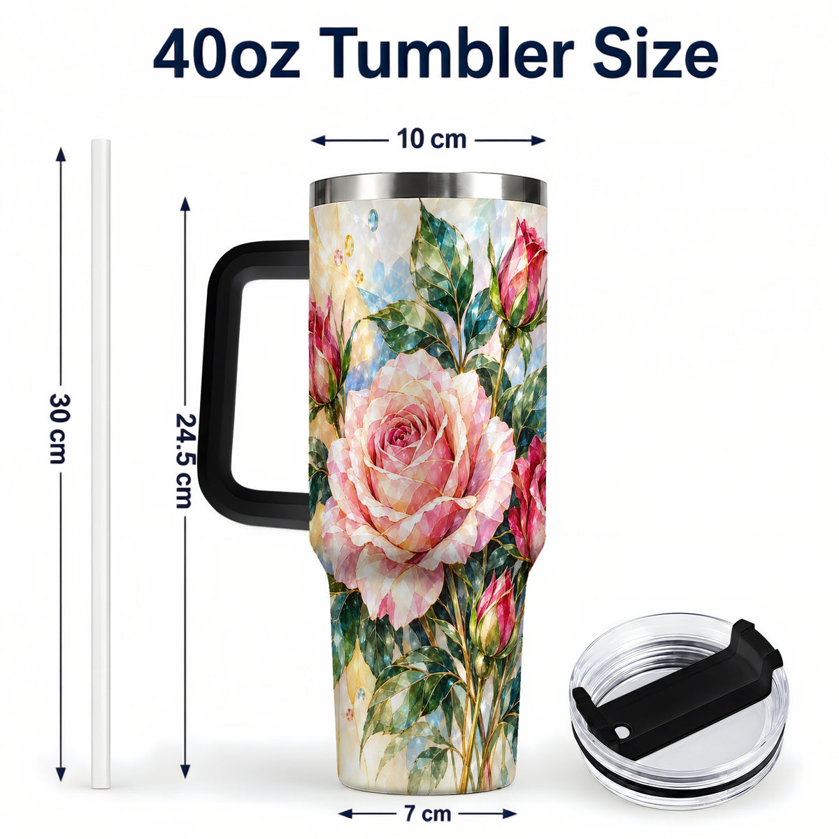 #pl[40oz|Black] Crystal Rose 40oz Tumbler with Handle, Sparkling Gemstone Floral Art