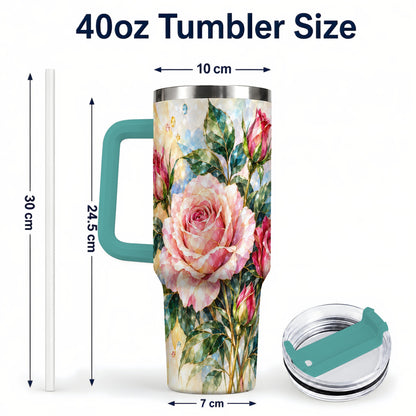 #pl[40oz|Green] Crystal Rose 40oz Tumbler with Handle, Sparkling Gemstone Floral Art