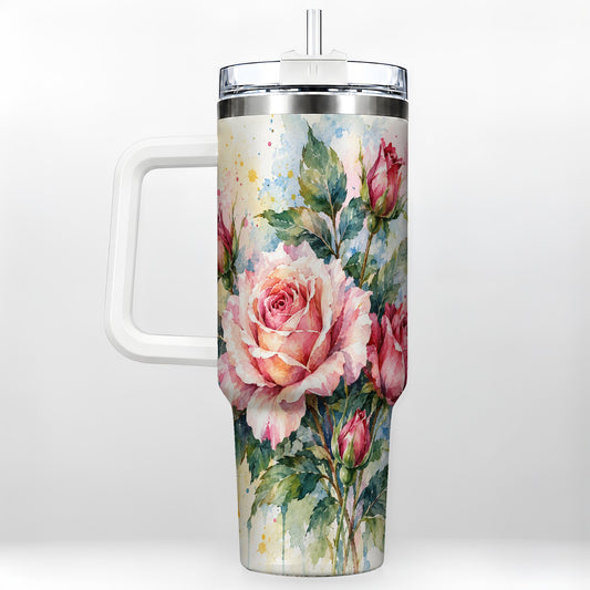 Watercolor Rose 40oz Tumbler with Handle, Pastel Floral Garden Art