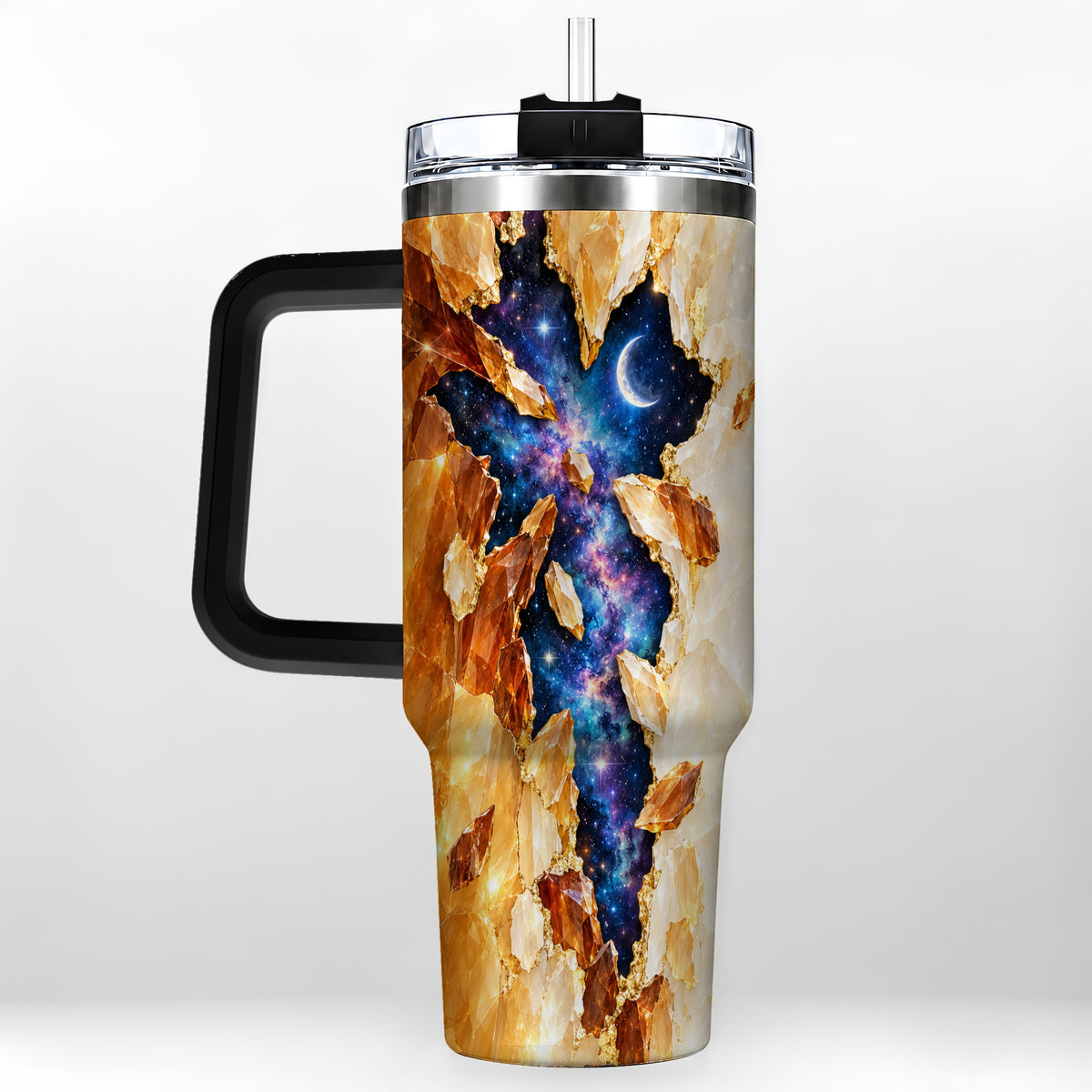 #pl[40oz|Black] Galaxy Cross 40oz Tumbler with Handle, Celestial Christian Artwork