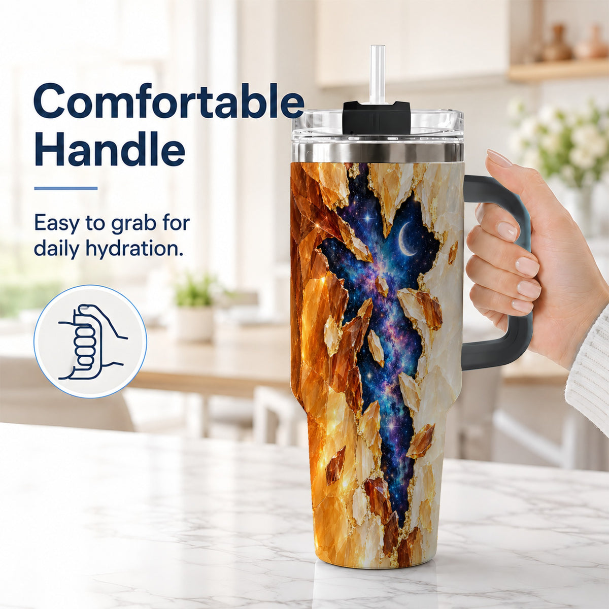 #pl[40oz|Black] Galaxy Cross 40oz Tumbler with Handle, Celestial Christian Artwork
