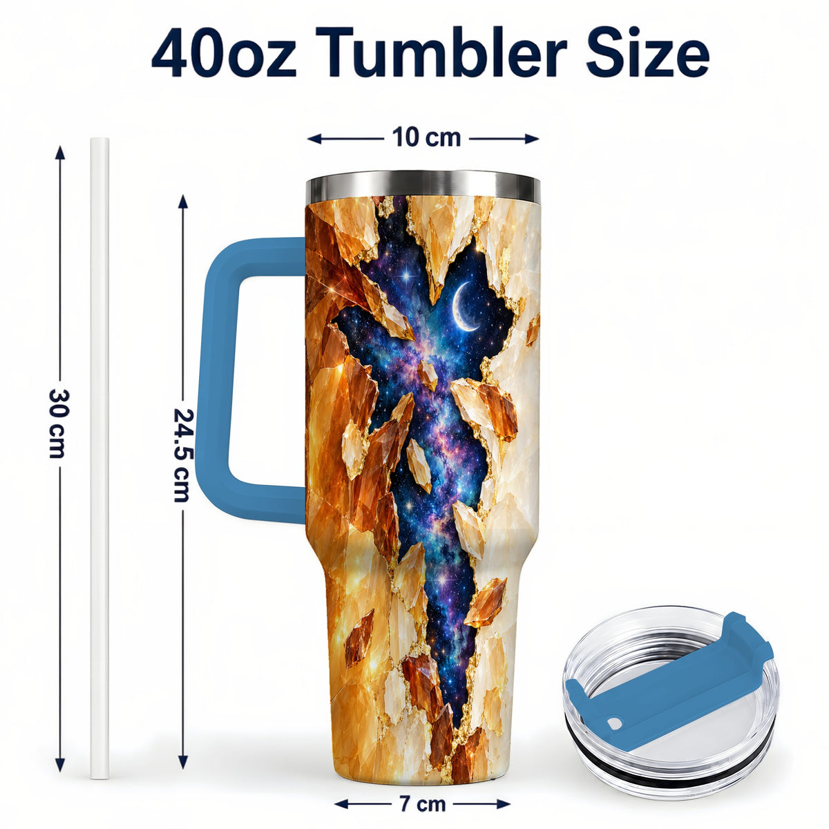 #pl[40oz|Blue] Galaxy Cross 40oz Tumbler with Handle, Celestial Christian Artwork