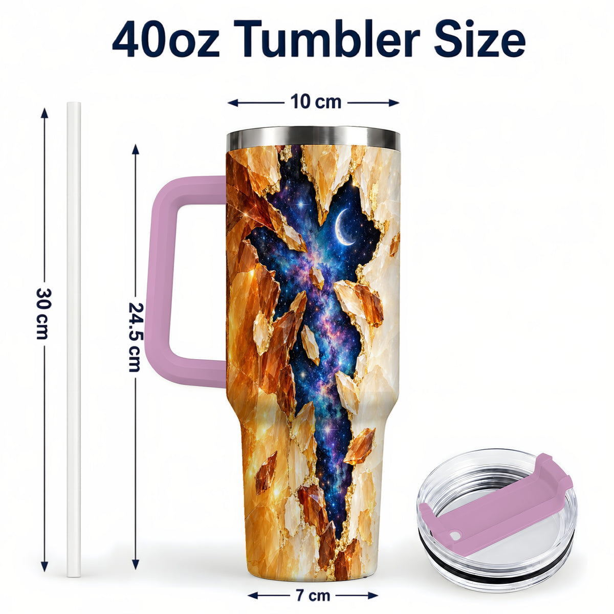 #pl[40oz|Pink] Galaxy Cross 40oz Tumbler with Handle, Celestial Christian Artwork