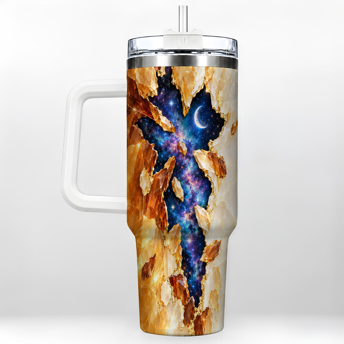 Galaxy Cross 40oz Tumbler with Handle, Celestial Christian Artwork