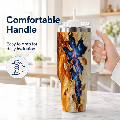 #pl[40oz|White] Galaxy Cross 40oz Tumbler with Handle, Celestial Christian Artwork