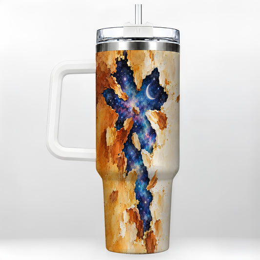 Galaxy Cross 40oz Tumbler with Handle, Rustic Watercolor Faith Art