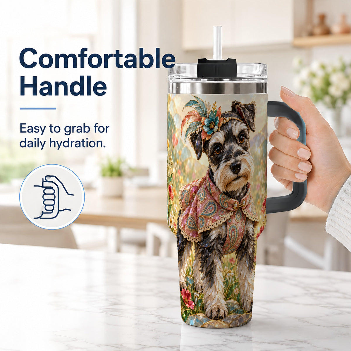 #pl[40oz|Black] Floral Schnauzer 40oz Tumbler with Handle, Boho Dog Mosaic Art