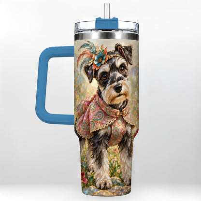 #pl[40oz|Blue] Floral Schnauzer 40oz Tumbler with Handle, Boho Dog Mosaic Art