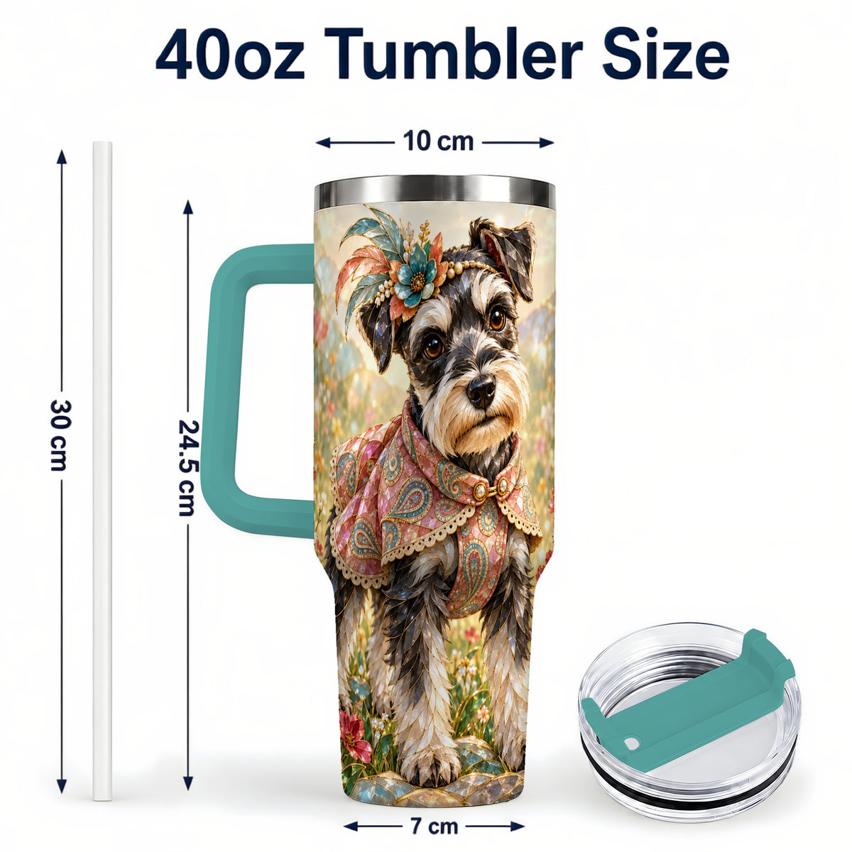 #pl[40oz|Green] Floral Schnauzer 40oz Tumbler with Handle, Boho Dog Mosaic Art