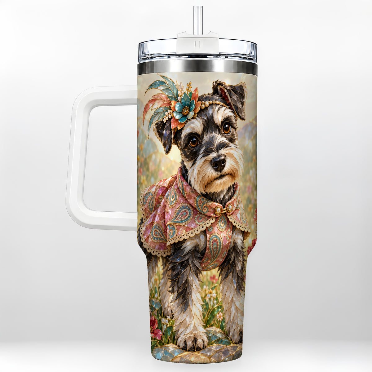 Floral Schnauzer 40oz Tumbler with Handle, Boho Dog Mosaic Art