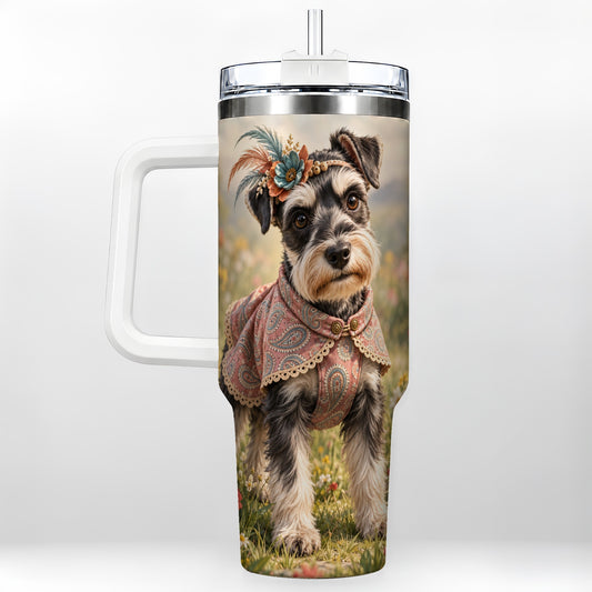 Floral Schnauzer 40oz Tumbler with Handle, Boho Wildflower Dog Art