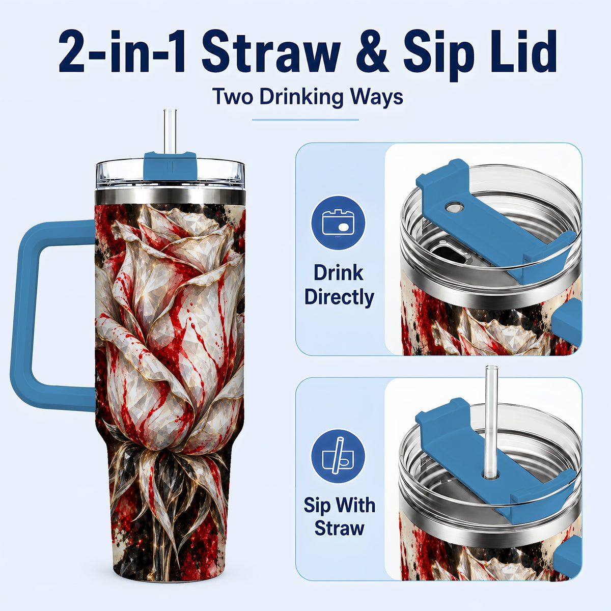 #pl[40oz|Blue] Crystal Rose 40oz Tumbler with Handle, Red White Floral Artwork