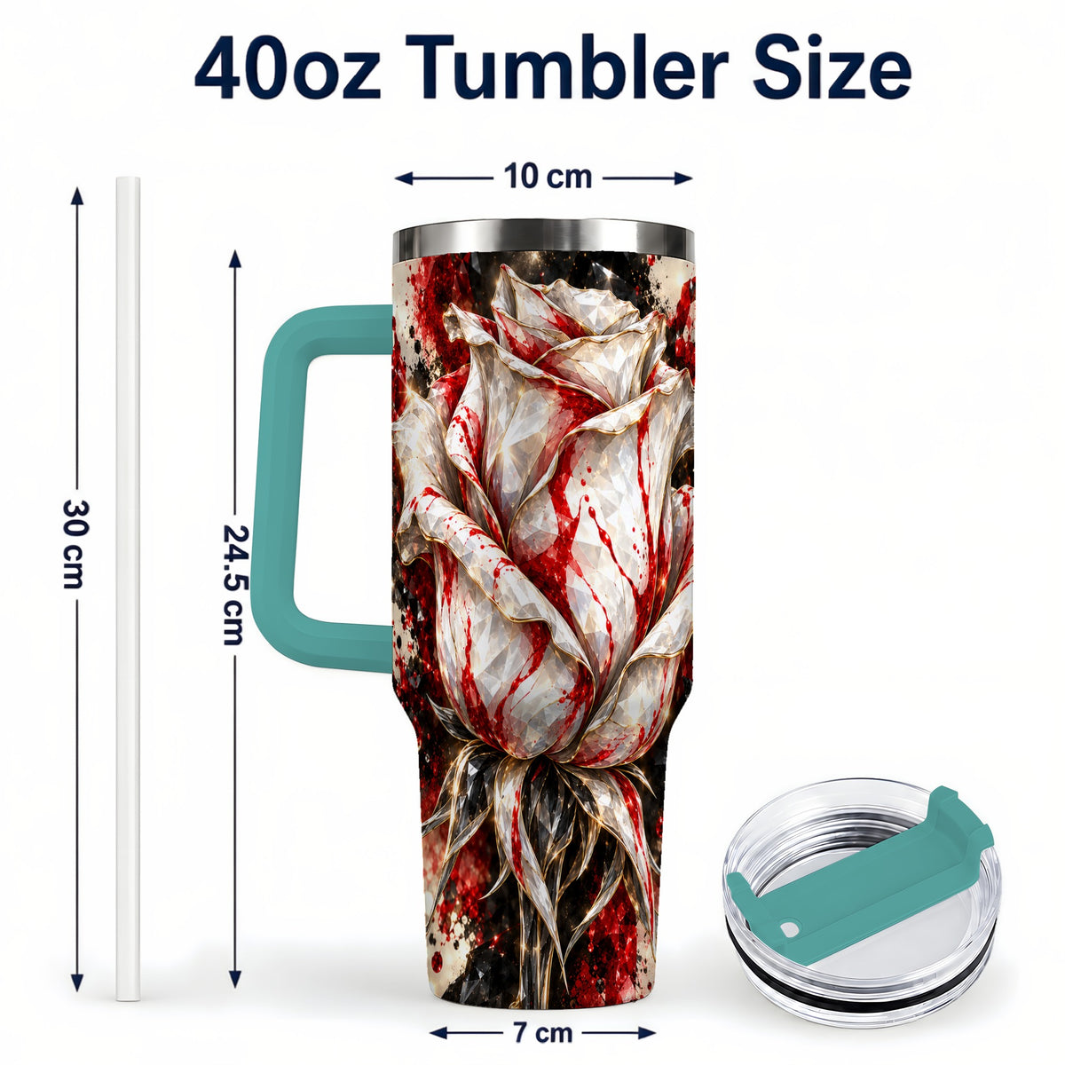 #pl[40oz|Green] Crystal Rose 40oz Tumbler with Handle, Red White Floral Artwork