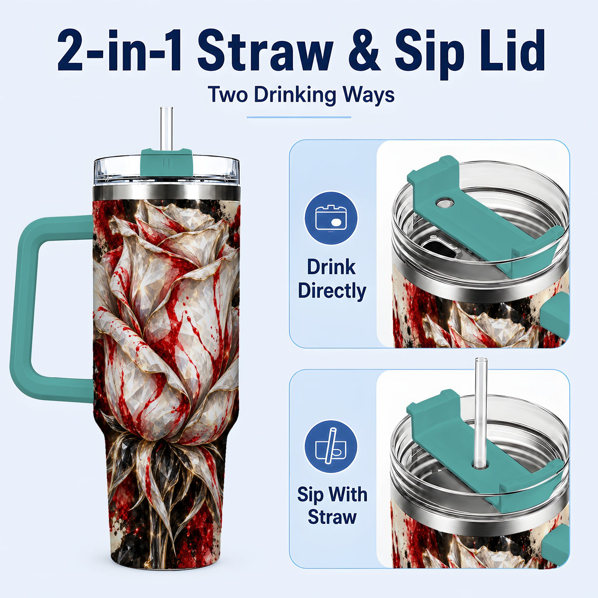 #pl[40oz|Green] Crystal Rose 40oz Tumbler with Handle, Red White Floral Artwork