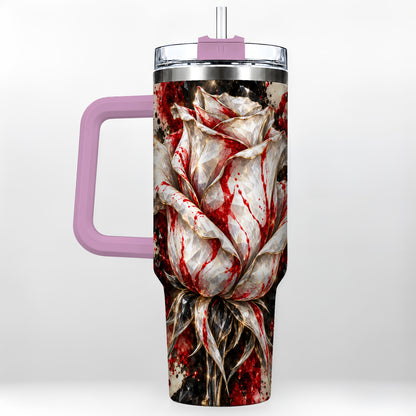#pl[40oz|Pink] Crystal Rose 40oz Tumbler with Handle, Red White Floral Artwork