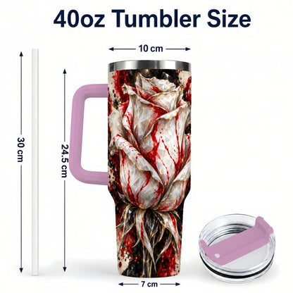 #pl[40oz|Pink] Crystal Rose 40oz Tumbler with Handle, Red White Floral Artwork