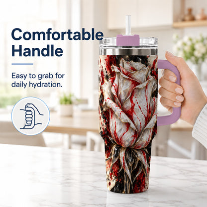 #pl[40oz|Pink] Crystal Rose 40oz Tumbler with Handle, Red White Floral Artwork