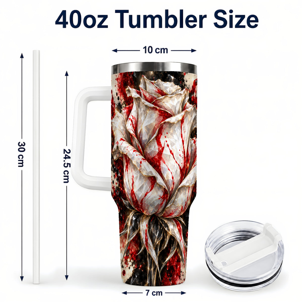 #pl[40oz|White] Crystal Rose 40oz Tumbler with Handle, Red White Floral Artwork