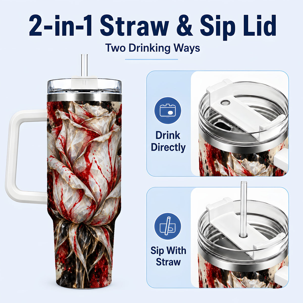 #pl[40oz|White] Crystal Rose 40oz Tumbler with Handle, Red White Floral Artwork