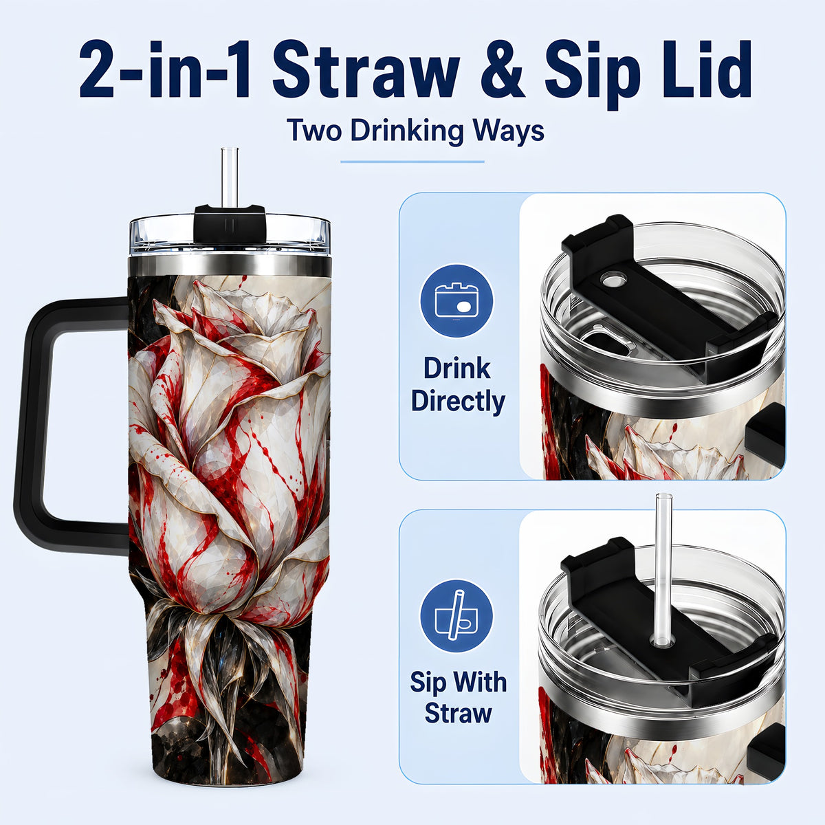 #pl[40oz|Black] Faceted Rose 40oz Tumbler with Handle, Abstract Red White Flower