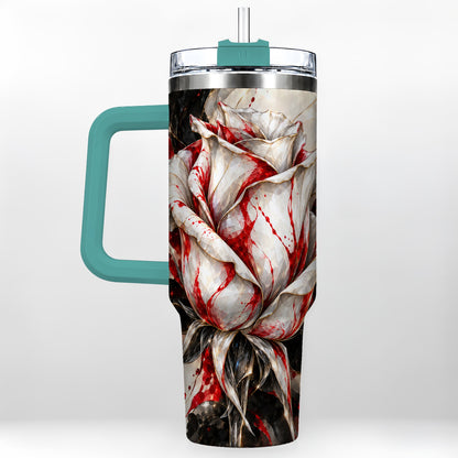 #pl[40oz|Green] Faceted Rose 40oz Tumbler with Handle, Abstract Red White Flower